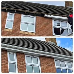 Two pictures of a man working on a window.