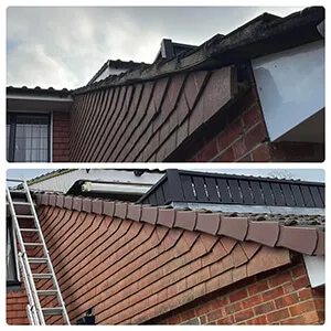 Two pictures of a roof with a ladder.