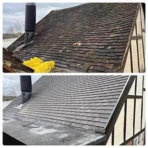 Two pictures of a roof with a yellow cloth on it.