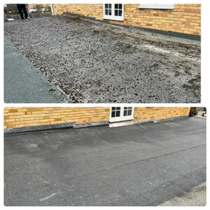 Two pictures of a house being built with asphalt.