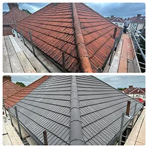 Two pictures of a roof that has been cleaned.