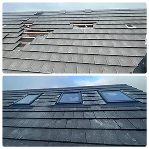 Two pictures of a roof with windows and a skylight.