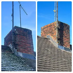 A brick chimney on top of a roof.